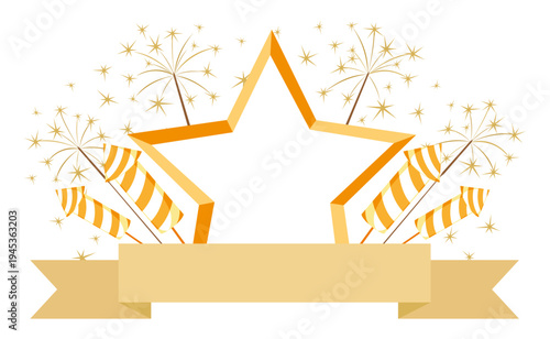Star frame with fireworks and sparklers. Award or anniversary decoration.
