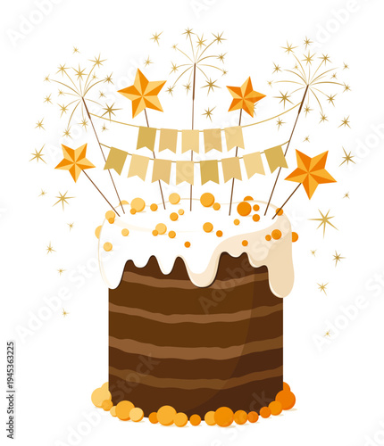 Celebration cake with fireworks, flags and sweet decorations