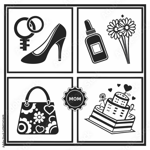 Mother's day icons: high heel shoe, perfume bottle, handbag, cake, flowers, and symbols of femininity and love, mothers day, greeting card, line art