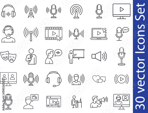 Broadcast media line icons set. Collection of audio streaming line icons, including microphone, podcast, radio tower, headset, video player, speaker, voice recording and more.