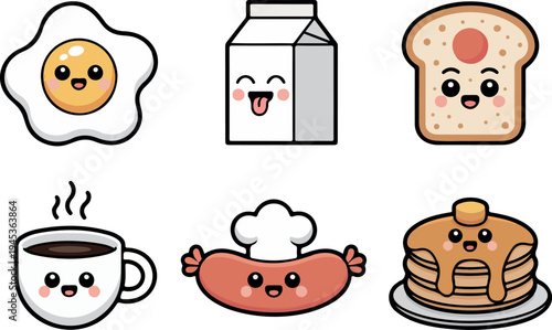 Kawaii Breakfast Food Character Set with Smiling Fried Egg Milk Carton Toast Jam Coffee Cup Sausage and Pancakes