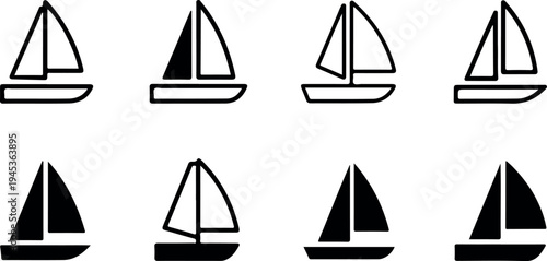 Black and White Sailboat Icon Set Representing Sailing Recreation Marine Travel Nautical Adventure and Ocean Transportation Vector Collection