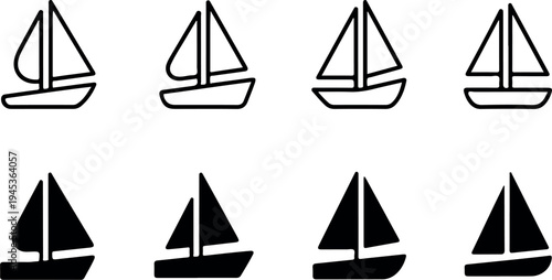 Black and White Sailboat Icon Set Representing Sailing Recreation Marine Travel Nautical Adventure and Ocean Transportation Vector Collection