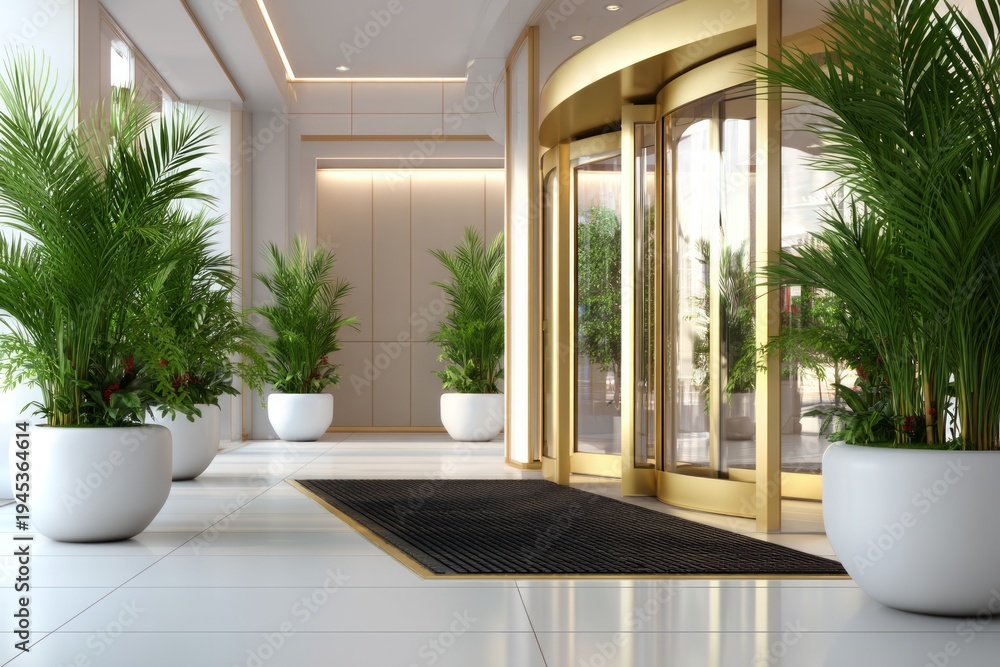 Fototapeta premium Sleek Entrance Design of Modern Venue with Elegant Plant Decor