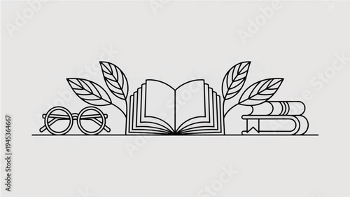 Open book with glasses and stacked books surrounded by leaves on a plain background symbolizing education and learning