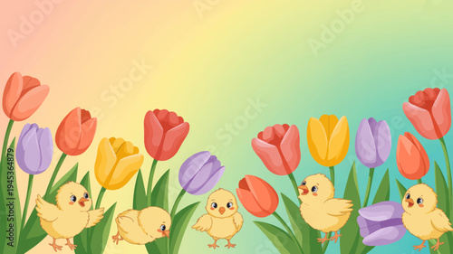 Cute yellow chicks standing among colorful tulips on a vibrant rainbow background springtime scene