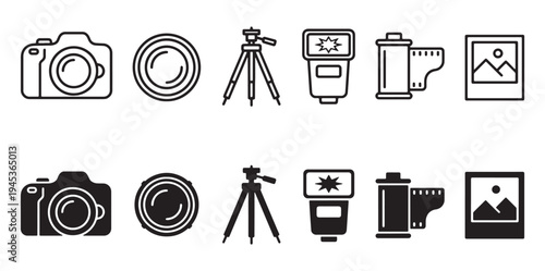 Photography and Camera Vector Icon Set – Camera, Lens, Tripod, Flash, Film Roll, Photo Frame