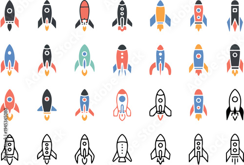 Rocket Ship Icon Set in Various Styles and Colors Simple Flat Vector Illustrations for Space Launch Technology and Web Apps