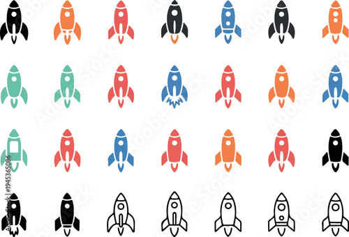 Rocket Ship Icon Set in Various Styles and Colors Simple Flat Vector Illustrations for Space Launch Technology and Web Apps