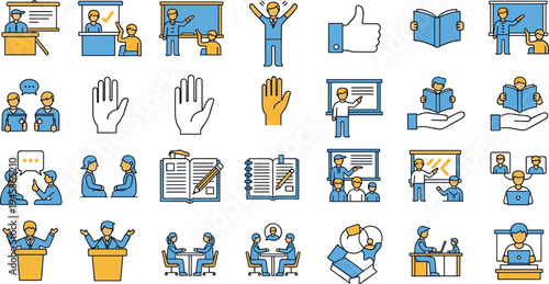 Education and classroom learning icons showing teachers students books and presentation boards set