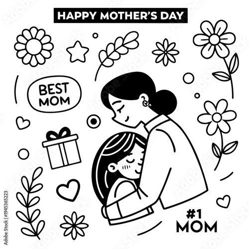 Doodle style illustration of mother and child embrace for mother's day, with flowers and 'best mom' text, perfect for greeting cards and gifts, hand drawn, design element