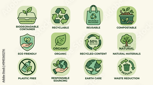 Comprehensive vector icon set showcasing sustainable living concepts, eco-friendly practices, and environmental responsibility for a greener future