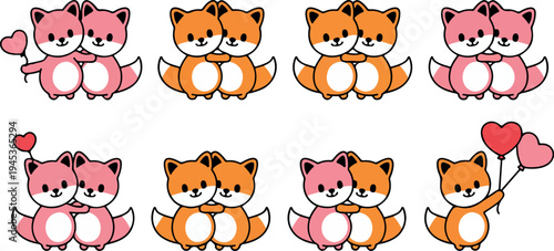Romantic Valentine Fox Couple Collection Featuring Loving Poses Holding Hearts and Balloons for Wedding Invitations and Love Greeting Cards