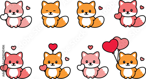 Romantic Valentine Fox Couple Collection Featuring Loving Poses Holding Hearts and Balloons for Wedding Invitations and Love Greeting Cards