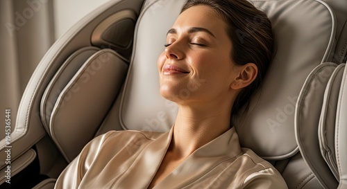 Wallpaper Mural Young Woman Enjoying Blissful Relaxation in Modern Massage Chair with Eyes Closed Torontodigital.ca