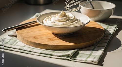 Wallpaper Mural Close-up of whipped cream in a bowl, whisk, and cutting board in bright light Torontodigital.ca