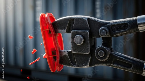 Wallpaper Mural Heavy-duty metal bolt cutter crushing a bright red plastic security device Torontodigital.ca