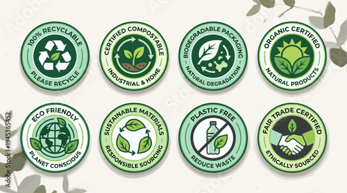 Collection of circular eco-friendly and sustainable badges for responsible consumption, highlighting green products and ethical sourcing practices