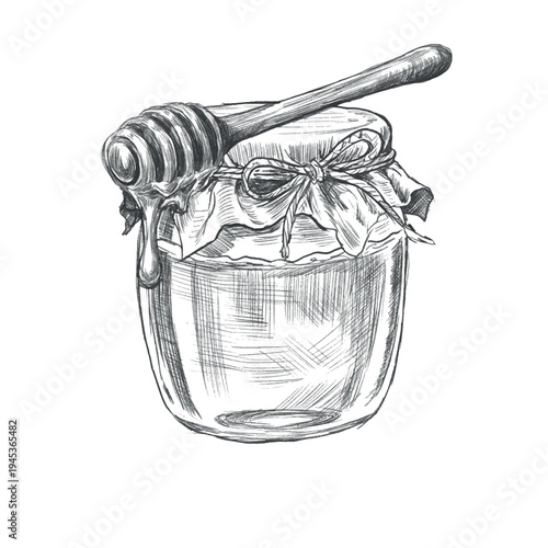 Hand drawn vintage honey jar with honey dipper in pencil sketch engraving style. Detailed honey illustration isolated on white background for packaging, labels, beekeeping, organic product branding