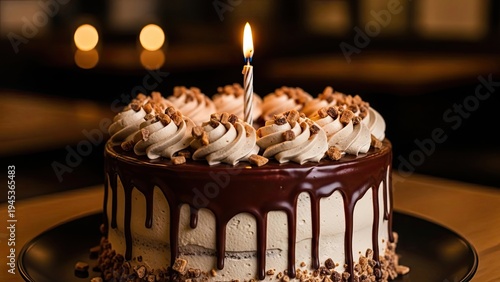 Wallpaper Mural A delectable cake with chocolate ganache drips and whipped cream frosting, candle lit Torontodigital.ca