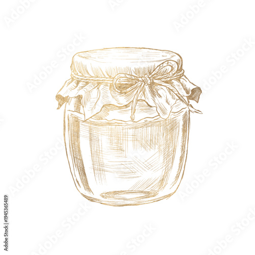 Hand drawn golden vintage honey jar in pencil sketch engraving style. Honey container illustration isolated on white background for packaging design, labels, beekeeping, natural product branding