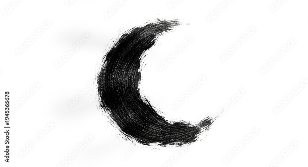 Fototapeta premium Abstract grayscale crescent moon shape, created with a textured brushstroke effect, on white