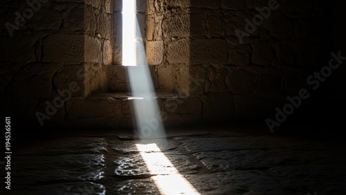 Sunlight streams through a narrow window in a stone wall, illuminating a dark room