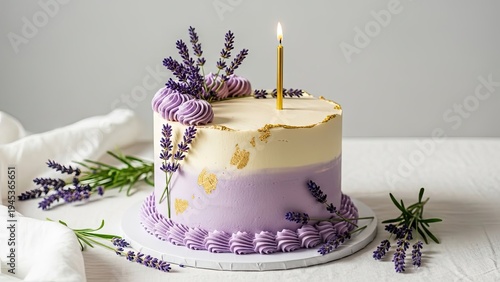 Wallpaper Mural A decorated round cake with a lit candle, lavender, & gold accents Torontodigital.ca