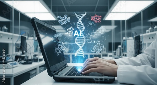 Wallpaper Mural Scientist using laptop with DNA helix and AI hologram in a lab setting Torontodigital.ca
