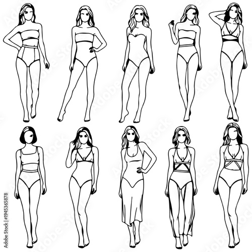 Group of Women in Bikini Line Art Fashion Illustration
