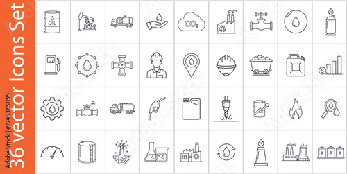 Oil and gas industry line icons set. Collection of petroleum energy line icons, containing refinery, fuel pump, pipeline, tanker, drilling, storage, emissions and more.