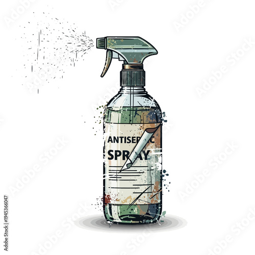 Antiseptic spray bottle with liquid misting effect, hand drawn illustration