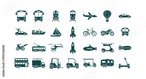 Comprehensive Set of Transportation Icons Including Land Air and Sea Vehicle Silhouette Graphics.