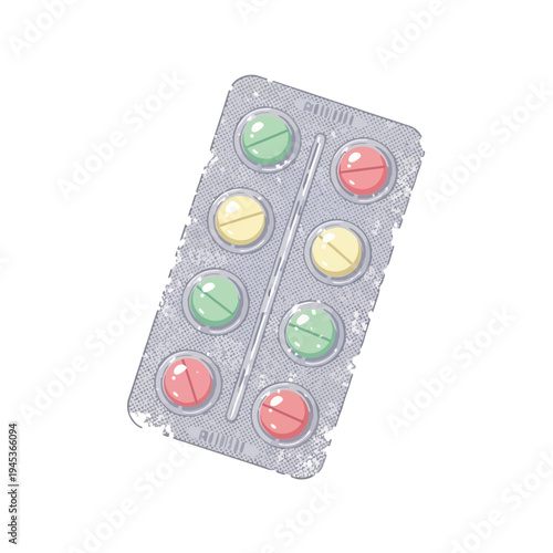 Blister pack of colorful round pills on white background