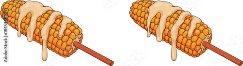 corn, cob, sweetcorn, butter, melted, dripping, grilled, street, food, snack, vegetable, maize, tasty, summer, bbq, pair, illustration, vector, isolated, design
