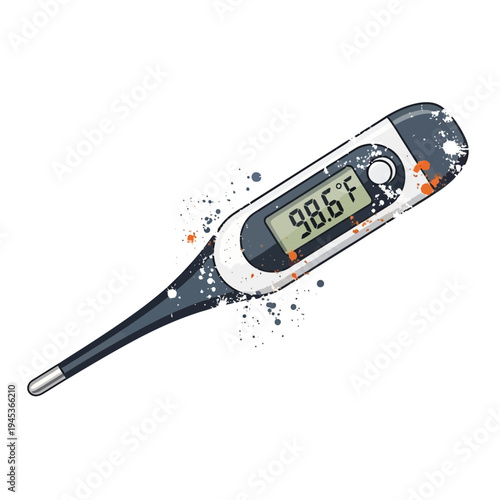 Digital thermometer showing 98.6F with paint splatters