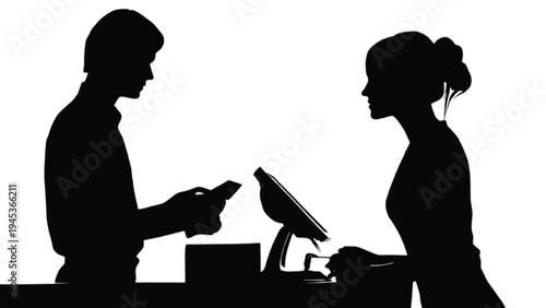 Retail shop cashier silhouettes customer payment service concept