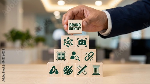 brand identity, branding, marketing, business, strategy, corporate, development concept with businessman hand placing wooden block on pyramid to build successful company image.