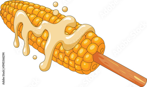 corn, cob, sweetcorn, butter, dripping, grilled, street, food, snack, vegetable, yellow, fresh, tasty, summer, bbq, illustration, vector, isolated, design, artwork