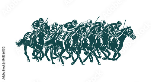 Action Horse Racing Vector Art with a Group of Jockeys Competing in a Professional Derby Tournament