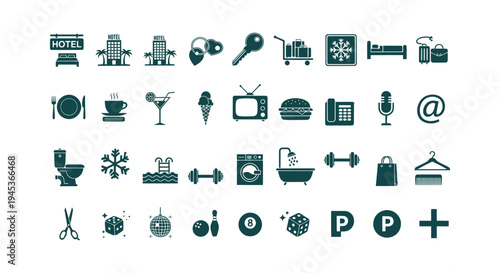 Comprehensive Hotel Icon Set with Travel Tourism Amenities Leisure Services and Hospitality Symbols