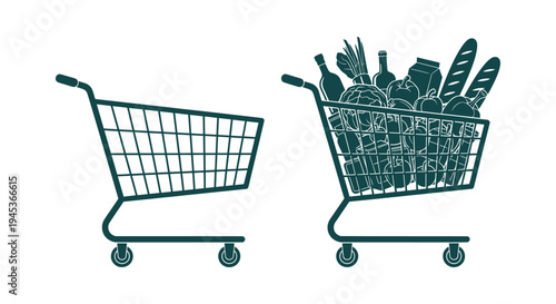 Two Shopping Cart Vector Silhouettes of Empty and Full Trolleys with Groceries Isolated on White