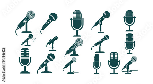 Set of Professional Audio Microphone Vector Icons for Podcast Recording, Radio and Music Studio.
