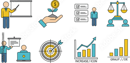 Business growth and finance management icons with target marketing strategy and corporate investment