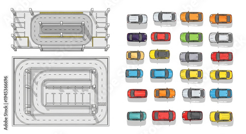 Top view of car collection and race track designs.