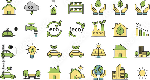 Eco friendly and green energy icons for environmental conservation with renewable technology symbols