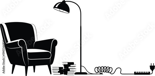cozy reading corner with armchair, floor lamp and books silhouette, home relaxation, minimalist interior lifestyle illustration design