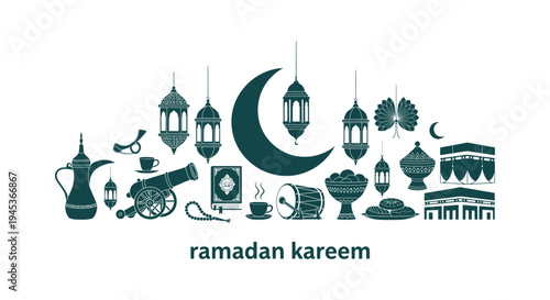 Ramadan Kareem Vector Illustration with Islamic Icons Lanterns Crescent Moon Cannon Kaaba Elements