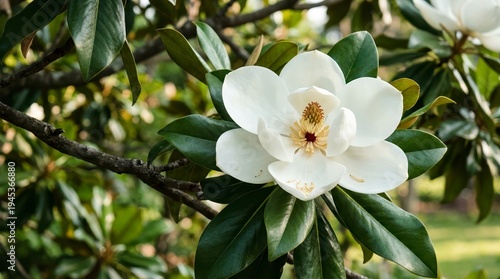Large white magnolia blossom on a tree branch. Close up of a spring flower with green leaves