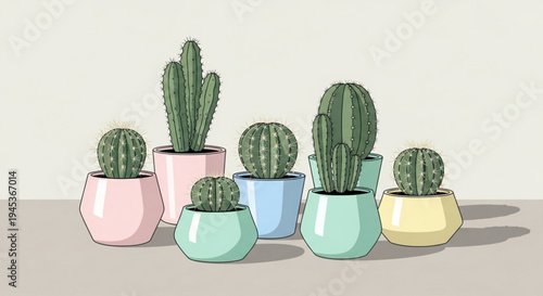 Colorful cacti and succulents in decorative pots on a table indoors